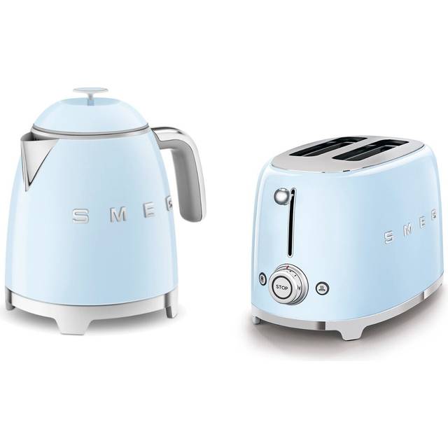 Smeg mini-kettle & 2-sl toaster, 50’s style retro, stainless steel pastel blue