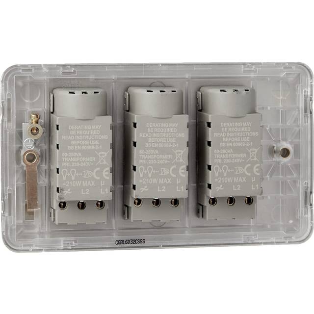 Electric Lisse Screwless Deco - 3 Gang Universal 2 Way Dimmer Light Switch, 250W/VA - Stainless Steel