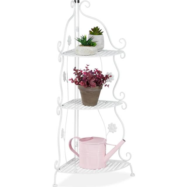 Relaxdays - Metal Plant Stand, 3 Tiers, Decorative Rack, Indoor & Outdoor, HxWxD: 82.5 x 31 x 31 cm, Corner Shelf, White