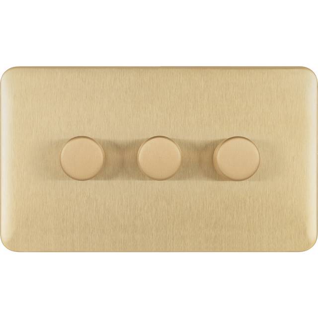 Electric Lisse Screwless Deco - 3 Gang Universal 2 Way Dimmer Light Switch, 250W/VA - Satin Brass