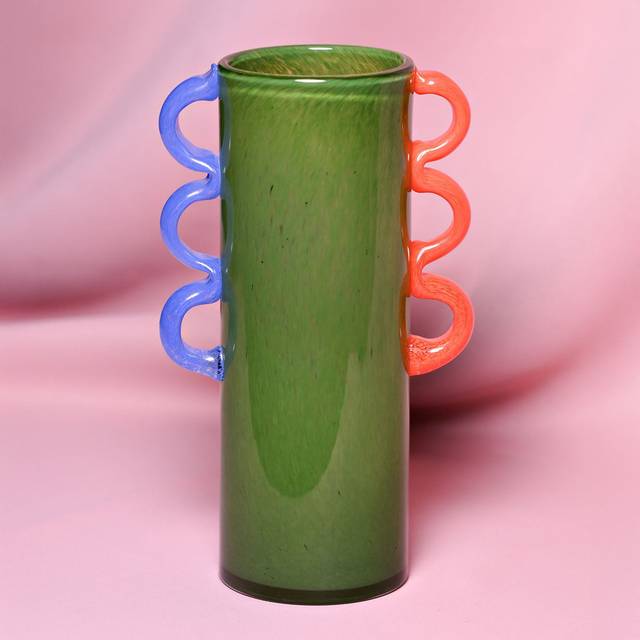 Green Glass Vase With Wavey Handles - Blue;Green;Orange (28cm H X 16cm W X 10.5cm D)