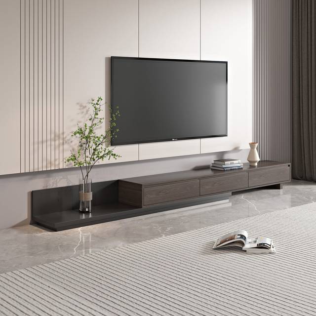 Modern Tv Unit – Adjustable Width (2M-3.05M), 3 Drawers, Fits 85"+ Tvs - Brown (85&#34;)