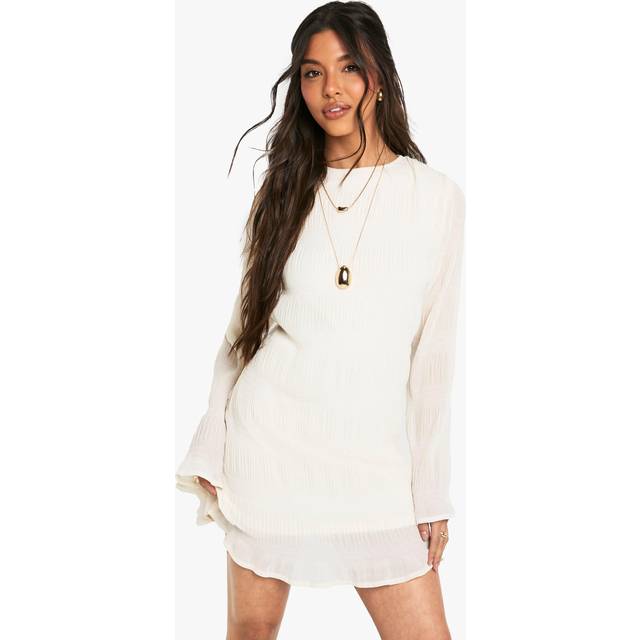 Womens Textured Long Flare Sleeve Mini Dress - Cream - 12, Cream