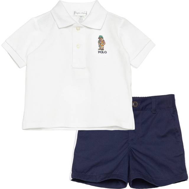 Ralph Lauren Baby Boys White & Blue Cotton Polo Bear Shorts Set - Blue/White - 24 month