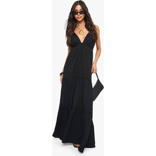 Womens Textured Crinkle Strappy Tiered Maxi Dress - Black - 18