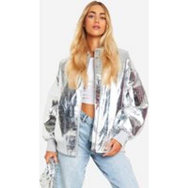 Womens Metallic Oversized Faux Leather Bomber Jacket - Grey - 12, Grey