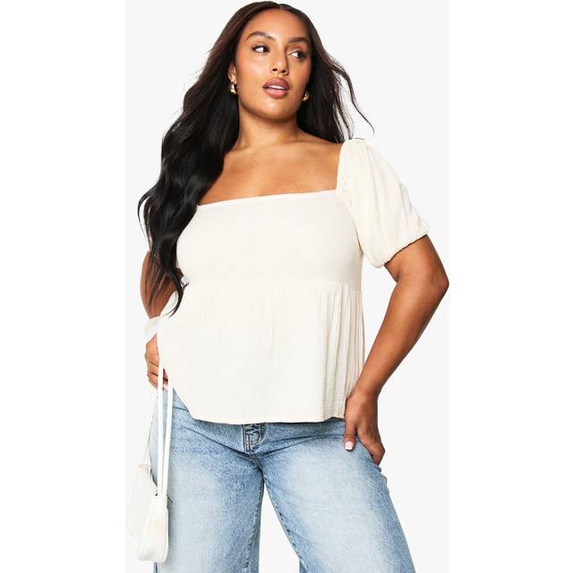 Womens Plus Cheesecloth Puff Sleeve Shirred Crop Top - White - 26, White