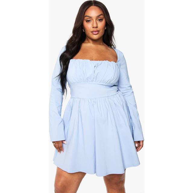 Womens Plus Bengaline Corset Long Sleeve Skater Dress - Blue - 20, Blue