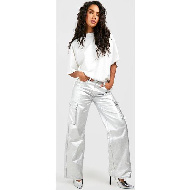 Womens Metallic Coated Denim Cargo Jeans - Grey - 16, Grey