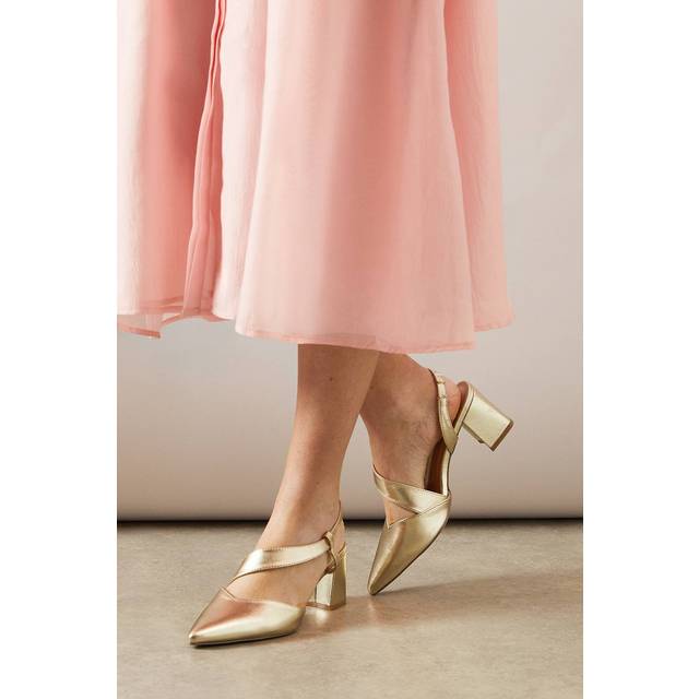 Womens Wide Fit Eve Asymmetric Strap Block Heel Pointed Court Shoes - Champagne - 6