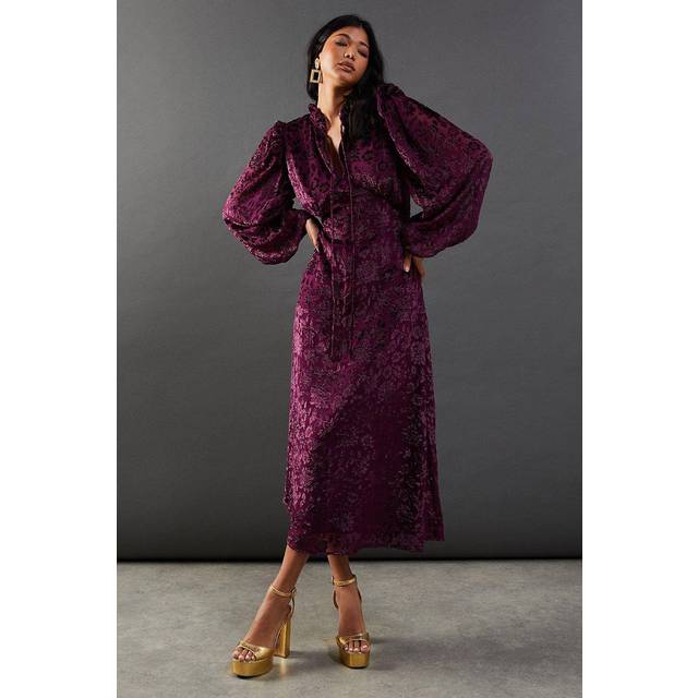 Womens Burnout Velvet Frill Shoulder Tie Front Midi Dress - purple - Purple - 12