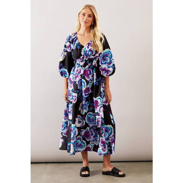 Womens Petite Floral Ruched Waist Midaxi Tea Dress - Black - 16