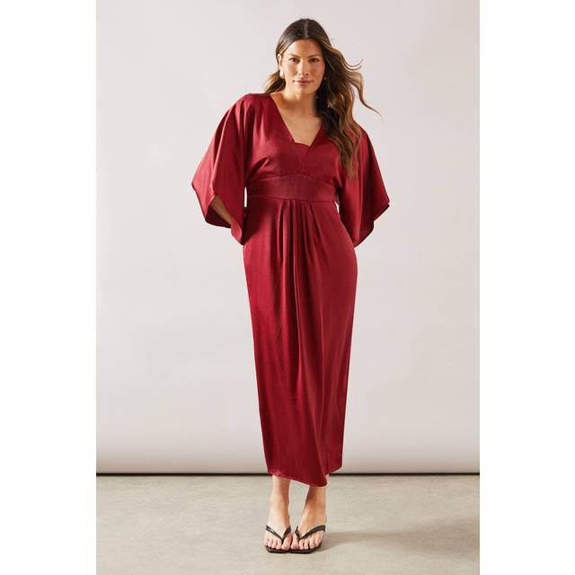 Womens Satin Cape Sleeve Midi Dress - Burgundy - 10
