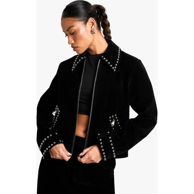 Womens Suede Look Studded Jacket - Black - 14, Black