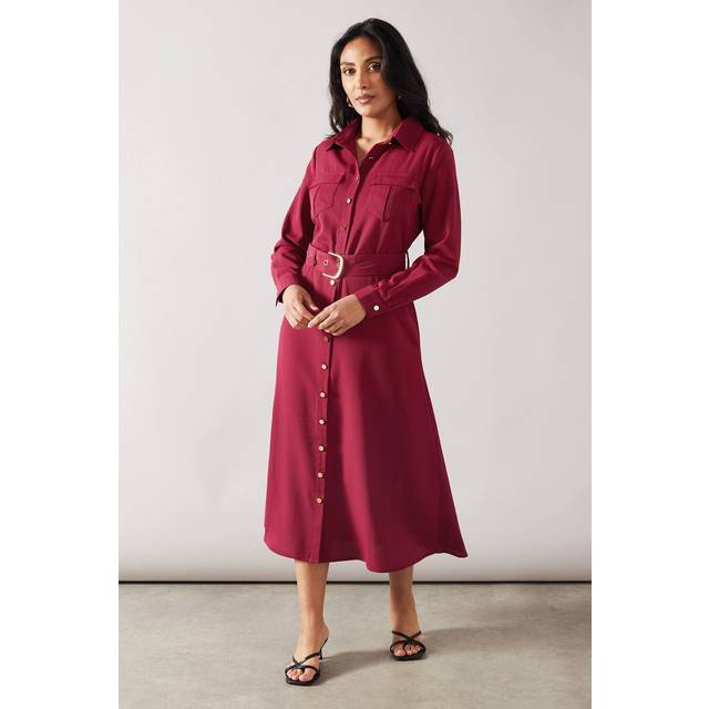 Womens Petite Heavy Crepe Stud Detail Utility Dress - Burgundy - 14