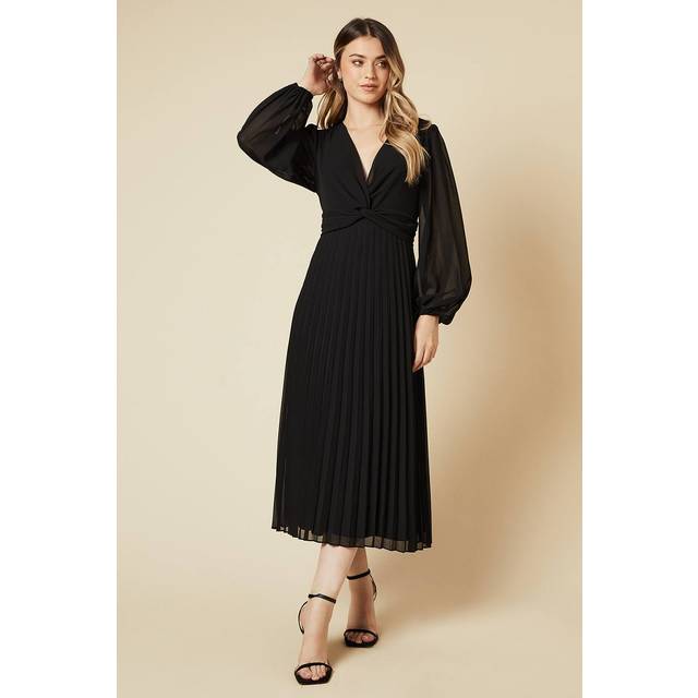 Womens Twist Front Pleated Skirt Midi Dress - Black - 10