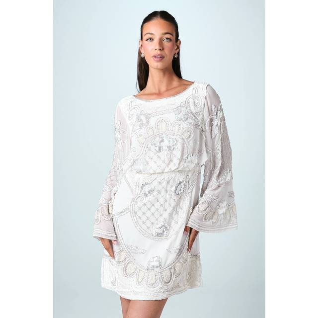 Premium Beaded Placement Artwork Bridal Mini Dress - Ivory - 10
