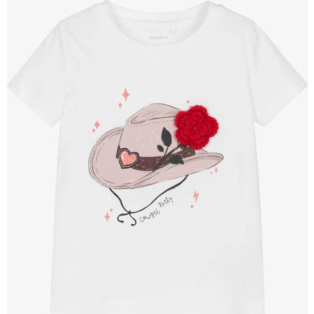 Name It Girls White Cotton Cowboy Hat T-Shirt With Flower Appliqué - 18-24 month