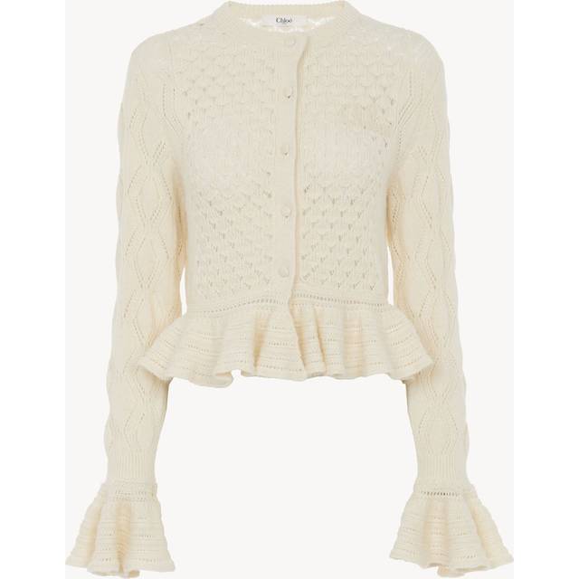 CHLOÉ Ruffled logo cardigan in a silk, alpaca & cotton knit White Size M 72% Cotton, 17% Wool Vicugna Pacos, Farmed, COO Peru, 11% Silk