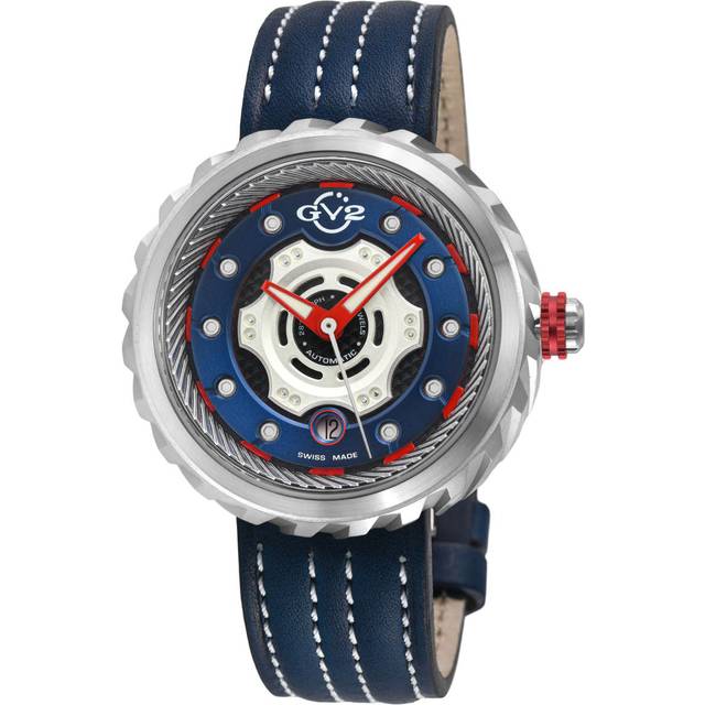 GV2 Motorcycle SS Case, Blue dial, Red hands, Genuine Handmade Italian Leather Blue/White Strap - One Size