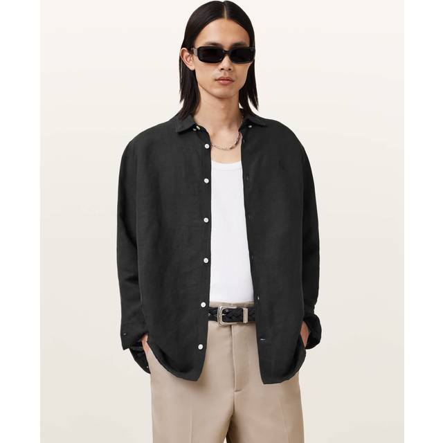 AllSaints Bandol Regular Fit Linen Blend Shirt, Black
