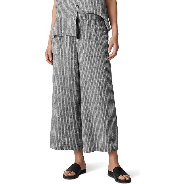 Cropped Wide-Leg Striped Organic Linen Pants - BLACKWHITE - X-Small