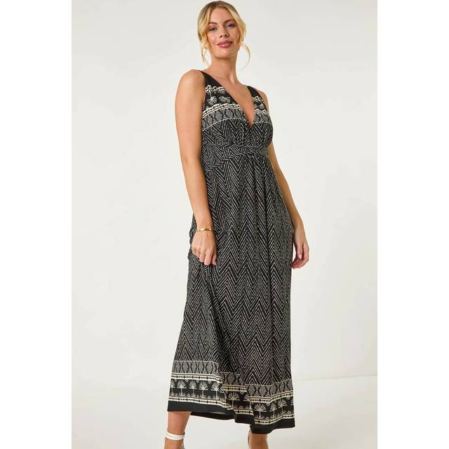 Palm Print Border Maxi Dress - Black - 12
