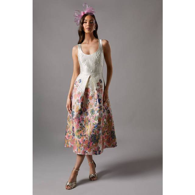 Floral Jacquard Fit And Flare Midi Dress - Cream - 14