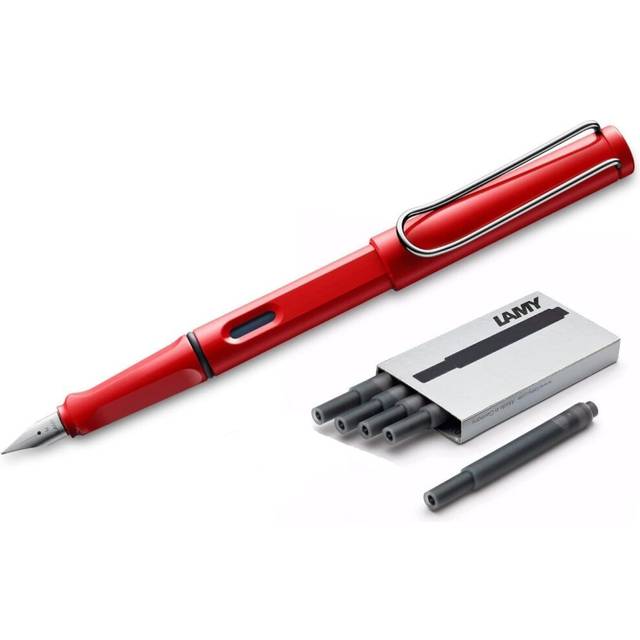 Lamy Safari Fountain Pen  Medium Nib + 5 Black Ink Cartridges (Red)