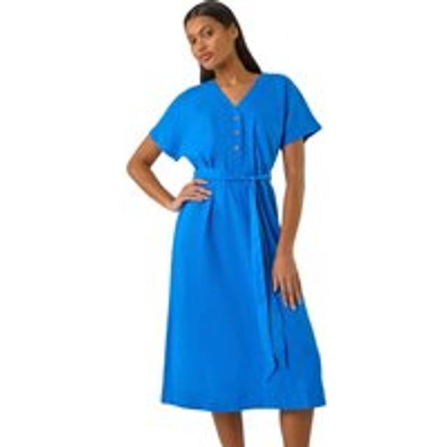 Button Linen Mix Midi Dress - Royal Blue - 18