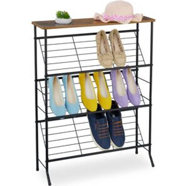 Industrial Shoe Rack, for 9 Pairs, hwd: 89.5x70x23.5 cm, Metal, Slanted Shelves, Footwear Storage, Black/Brown - Relaxdays