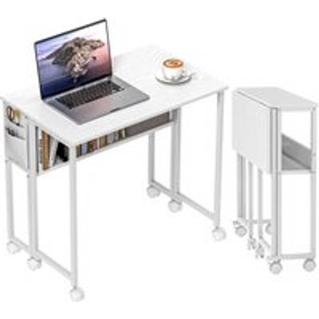 80 cm Foldable Computer Desk on Wheels for Small Spaces White - Large