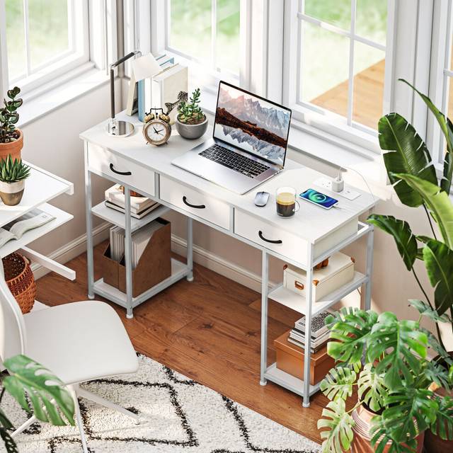 (White) HOMCOM Computer Writing Desk with Power Outlets, Drawers, Shelves