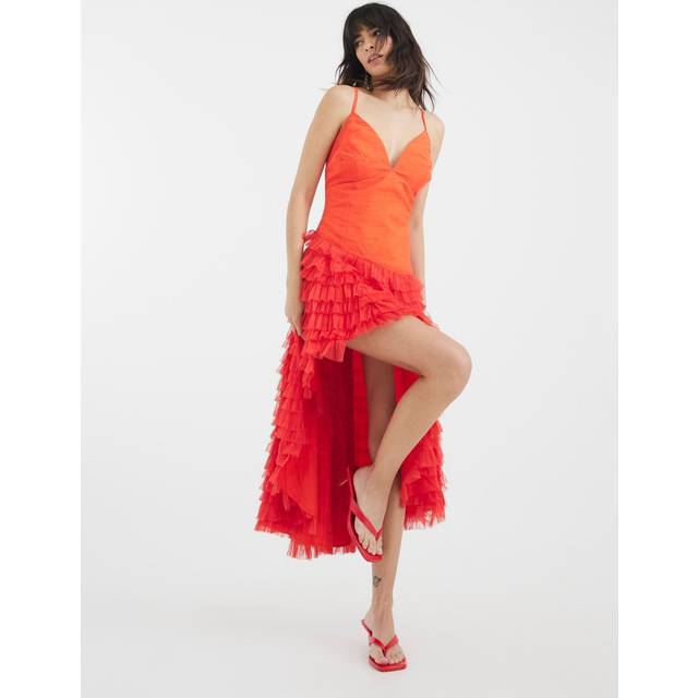 River Island Womens Orange Tulle Ruffle Midi Slip Dress - 18