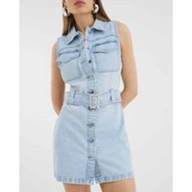River Island Womens Blue Denim Sleeveless Belted Mini Shirt Dress - 22