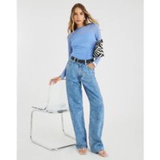 River Island Womens Blue Long Sleeve Boat Neck Ruched Mesh Top