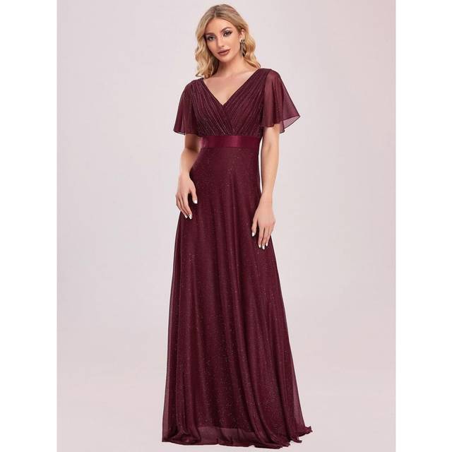 (burgundy, 7XL) Ever-pretty Women&apos;s Deep V Neck Ruffles Sleeve A Line Sparkle Evening Dresses