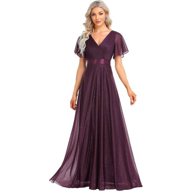 (dark purple, 7XL) Ever-pretty Women&apos;s Deep V Neck Ruffles Sleeve A Line Sparkle Evening Dresses