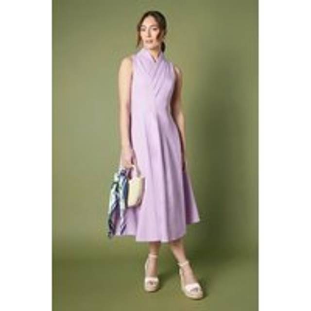 High Neck Pleated V Neck Midi Dress - Lilac - 10