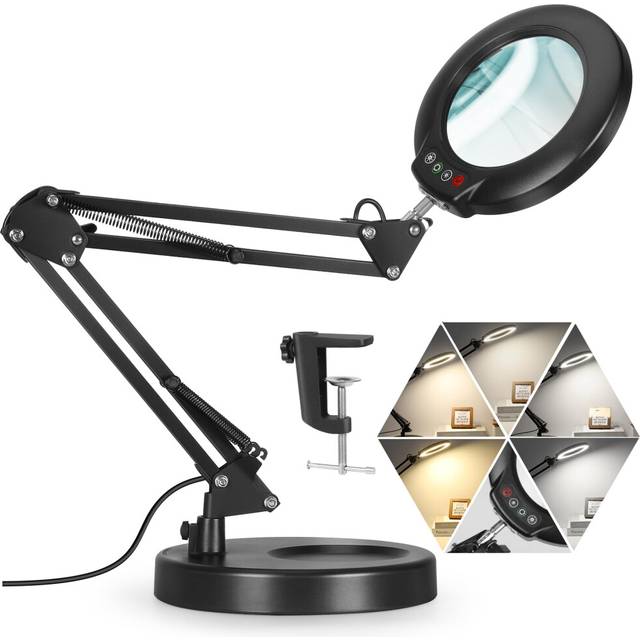 Veemagni 10X Magnifying Glass with Light, 5 Color Modes Stepless Dimmable 2-in-1 Desk Lamp and Clamp, LED Lighted Magnifier with Light and Stand, Hand