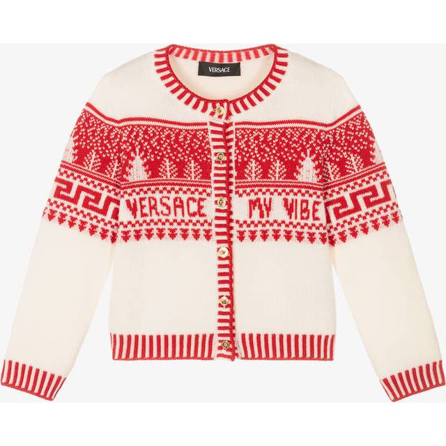 Versace Girls Ivory & Red Fair Isle Wool Cardigan - Ivory/Red - 3 year