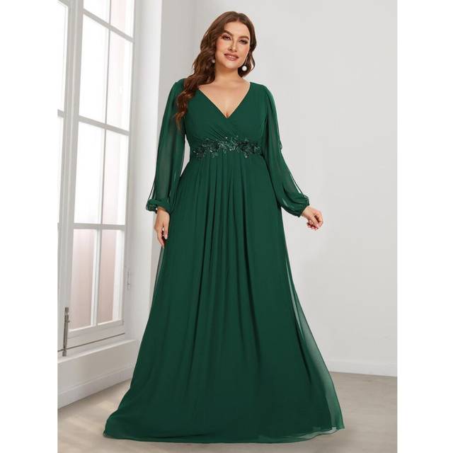 (dark green, 4XL) Ever-pretty Women&apos;s V-neck A-line Chiffon Plus Size Evening Dresses With Long Lantern Sleeves