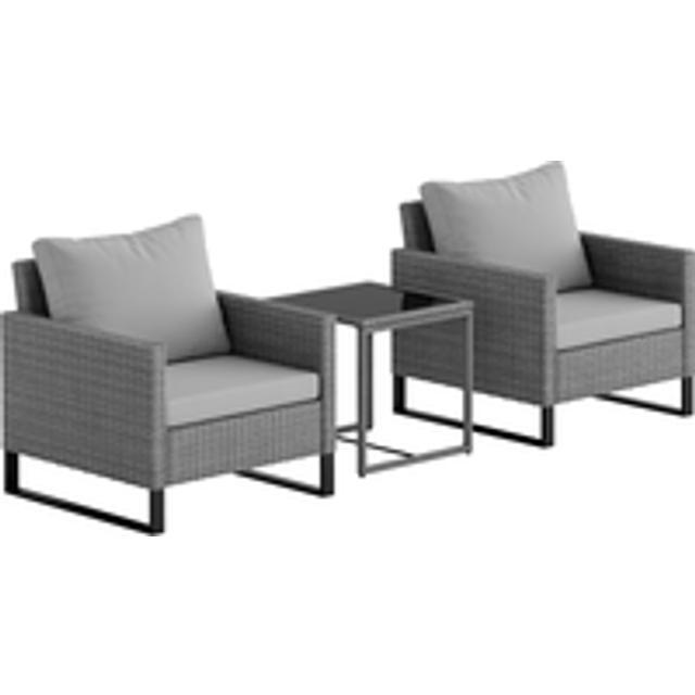 Outsunny 3 Pieces Rattan Bistro Set with 4 Cushions, Wicker Garden Furniture Set, Glass Top Coffee Table and Chairs for Outdoor Patio, Balcony, Terrace and Conservatory, Grey
