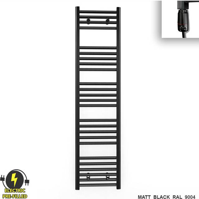 (300 x 1400 (BTU: 1753), With GT Thermostatic Element) 300mm Wide Black Electric Towel Rail With Thermostatic Element