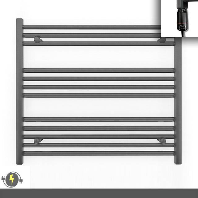 (900x700 (BTU: 1603), With GT Thermostatic Element) 900mm Wide Anthracite Grey Electric Towel Rail With Thermostatic Element