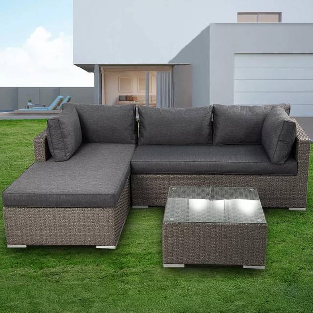 Furniture One 3 Seater Grey Rattan L Shape Corner Sofa Set