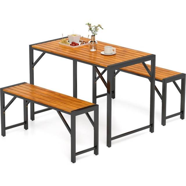 3-Pieces Patio Dining Set with Outdoor Picnic Table and 2 Benches for 4 People