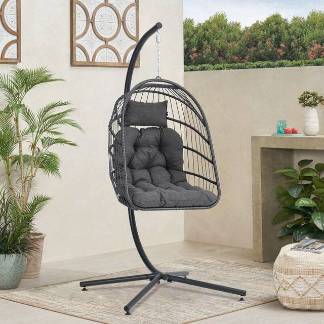 Black Rattan Round Hanging Chair with Stand and Cushion (Large)