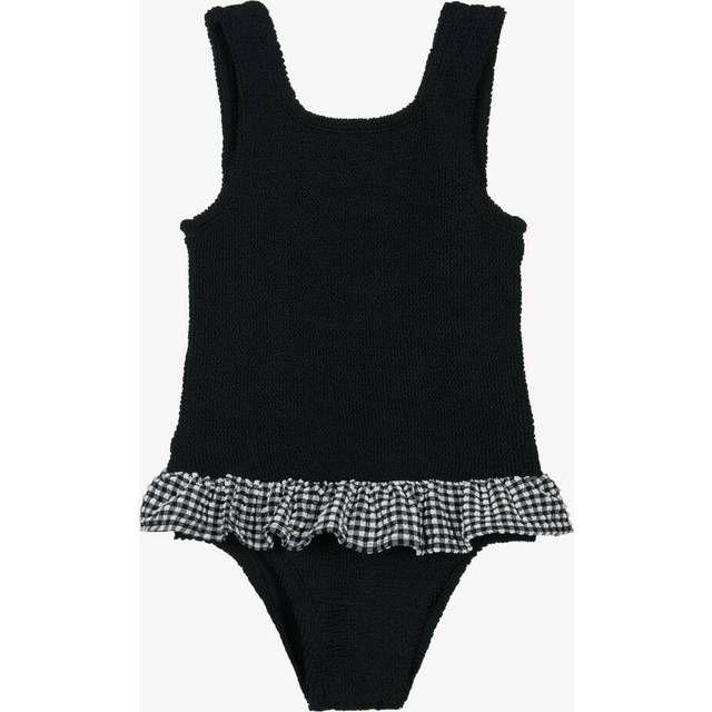 Hunza G Girls Black Crinkle Swimsuit With Gingham Frill - 7-12 year