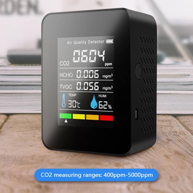 Hushållsluftkvalitetsdetektor Multifunktionell CO2-testare med koldioxid TVOC HCHO-värde svart